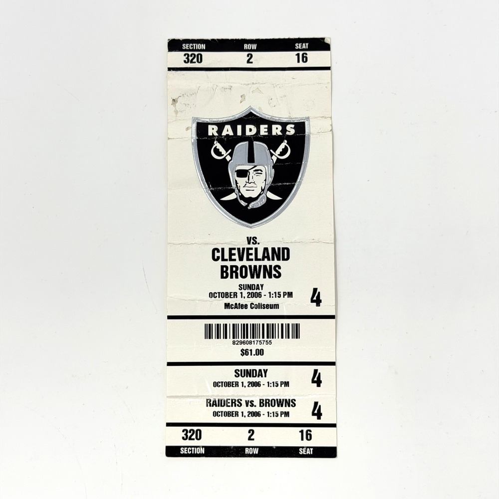 2006 Oakland Raiders Cleveland Browns Full Ticket Randy Moss TD 18 Pt Comeback